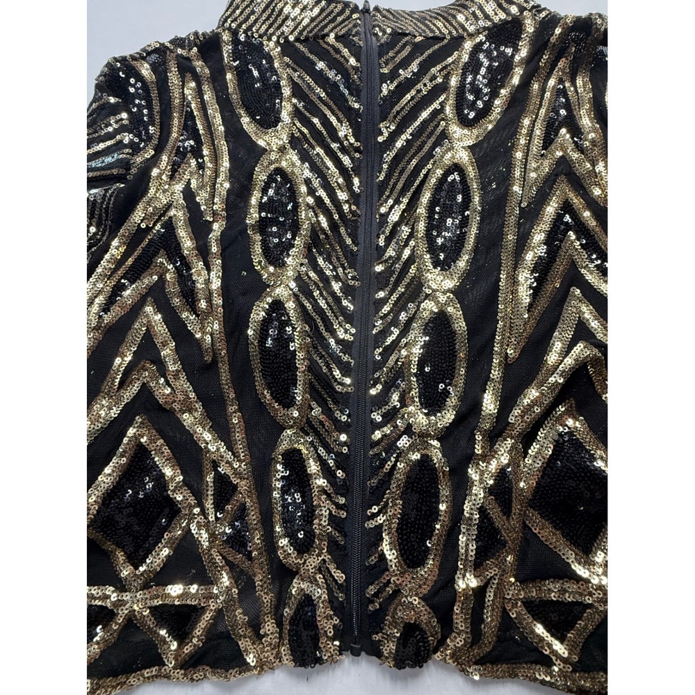 Gold Black Sequin Crop Top Long Sleeve Art Deco Geometric Festival Mock Neck - Picture 2 of 4
